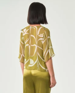 Blusa verde oliva e avorio a fantasia Emme Marella in georgette di viscosa con maniche a volant