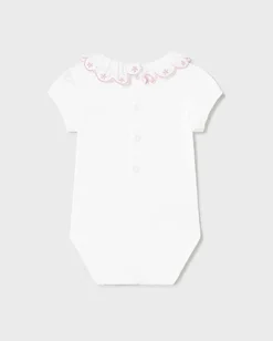 Body bianco in cotone stretch a maniche corte con scollo a cappette e ricamo rosa 6-18 mesi