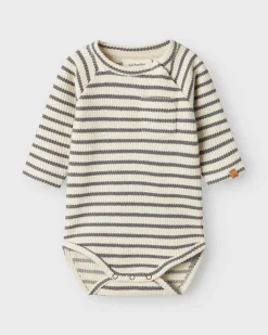 Body Lil'Atelier color panna a righe grigie in puro cotone a maniche lunghe