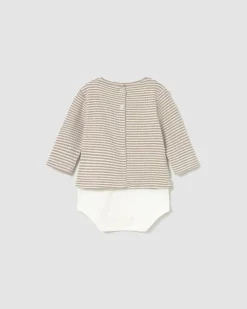 Body Mayoral a righe avorio e beige a maniche lunghe con cagnolino