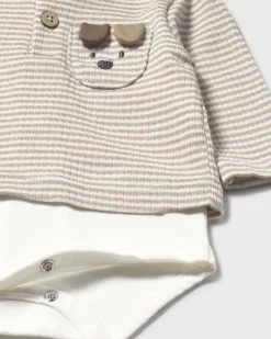 Body Mayoral a righe avorio e beige a maniche lunghe con cagnolino