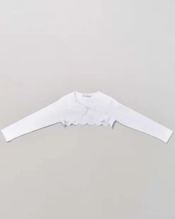 Bolero bianco in jersey con profili stondati e bottoncino gioiello 5-8 anni