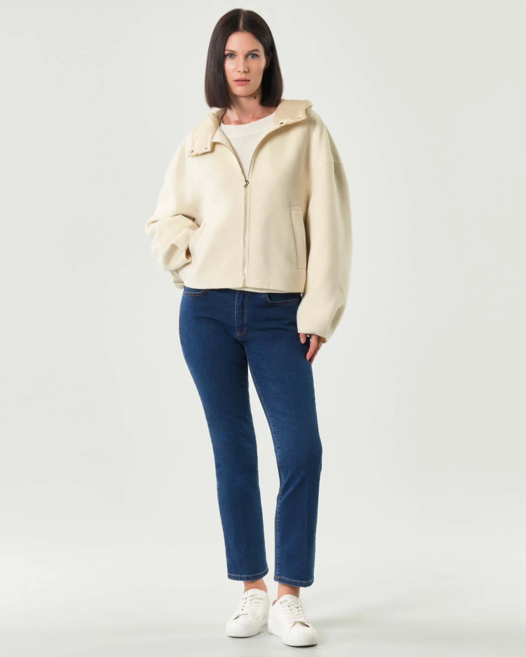 Bomber color burro Emme Marella in panno doulble di misto viscosa con cappuccio imbottito in nylon