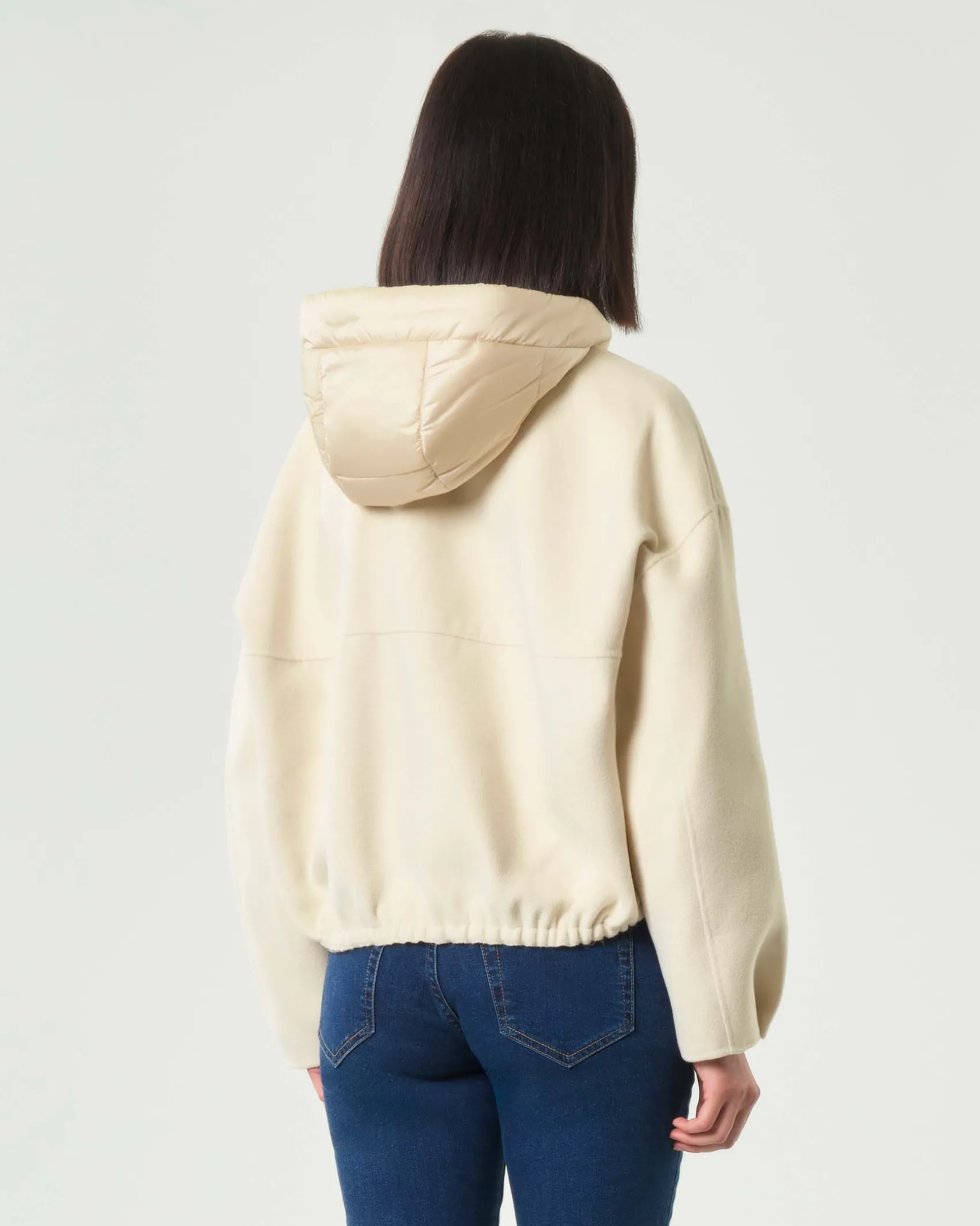 Bomber color burro Emme Marella in panno doulble di misto viscosa con cappuccio imbottito in nylon