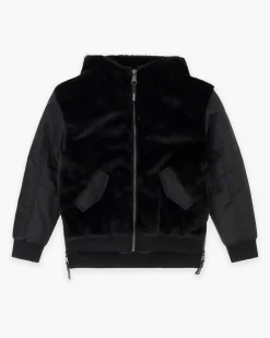 Bomber Dixie nero in ecopelliccia e nylon con cappuccio