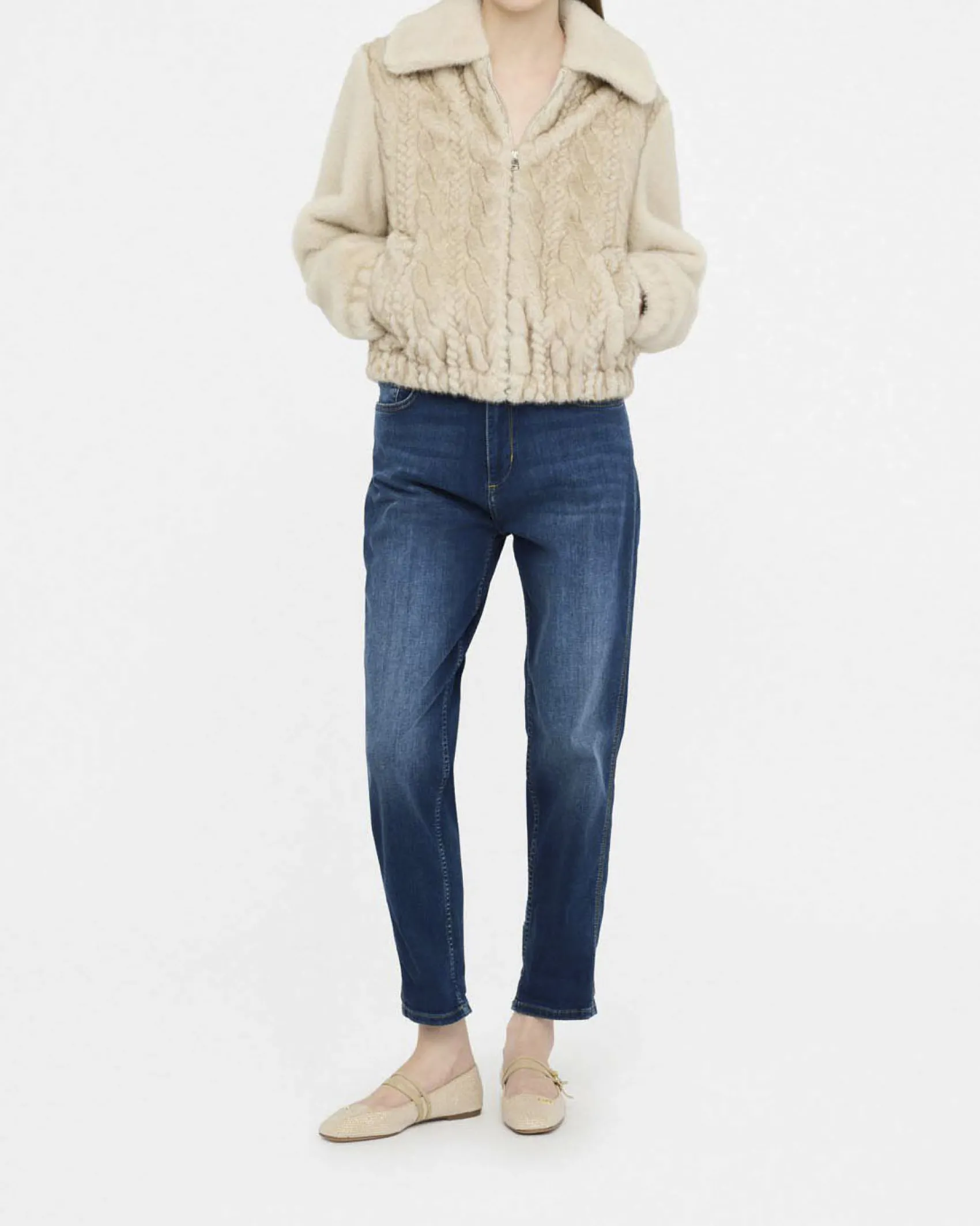 Bomber Liu Jo Jeans gesso in tessuto teddy con trecce in rilievo