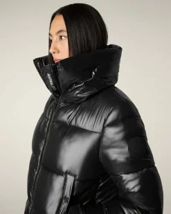 Bomber trapuntato nero Save the duck modello Isla in tessuto effetto laccato con collo molto alto