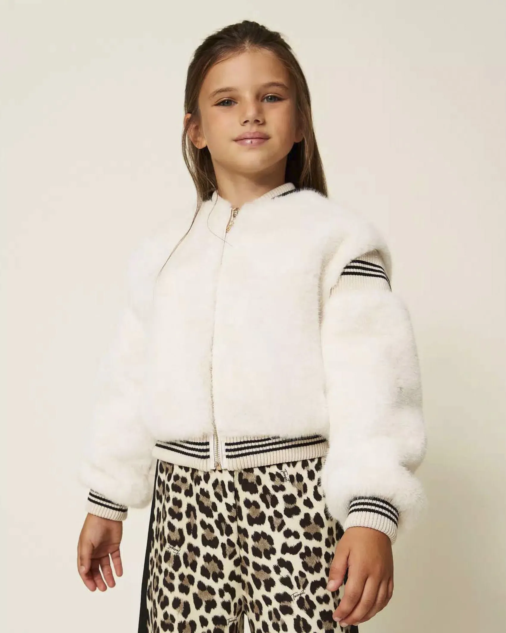 Bomber Twinset avorio effetto pelliccia con bordi bicolore