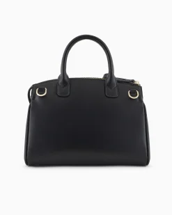 Borsa a bauletto nera piccola in similpelle liscia con logo e charm a lucchetto dorati