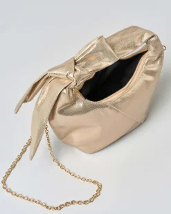 Borsa a mano Anna Cecere in similpelle effetto laminato color oro con motivo a nodo