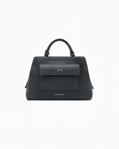 Borsa a mano Armani Exchange nera in similpelle effetto martellato con tasca frontale e tracolla in tessuto con scritta logo