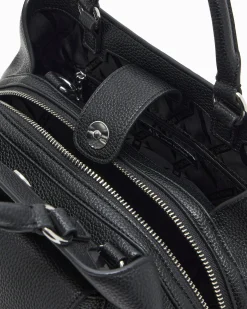 Borsa a mano Armani Exchange nera in similpelle effetto martellato con tasca frontale e tracolla in tessuto con scritta logo