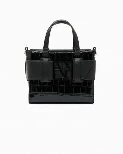 Borsa a mano Armani Exchange nera effetto coccodrillo in similpelle in rilievo