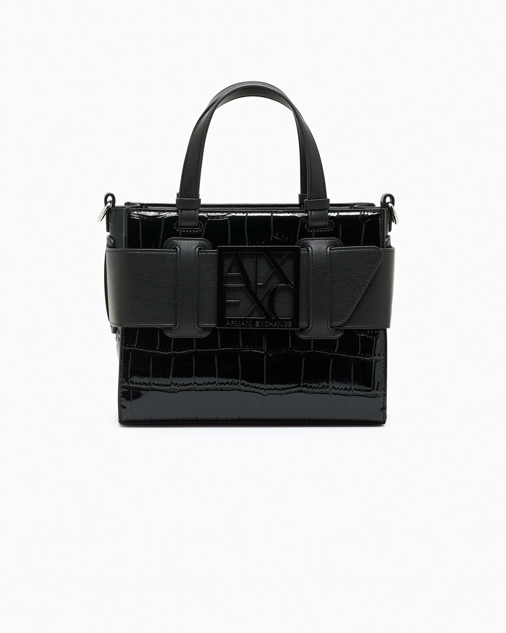 Borsa a mano Armani Exchange nera effetto coccodrillo in similpelle in rilievo