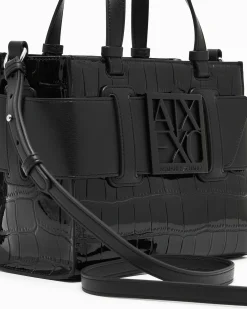 Borsa a mano Armani Exchange nera effetto coccodrillo in similpelle in rilievo