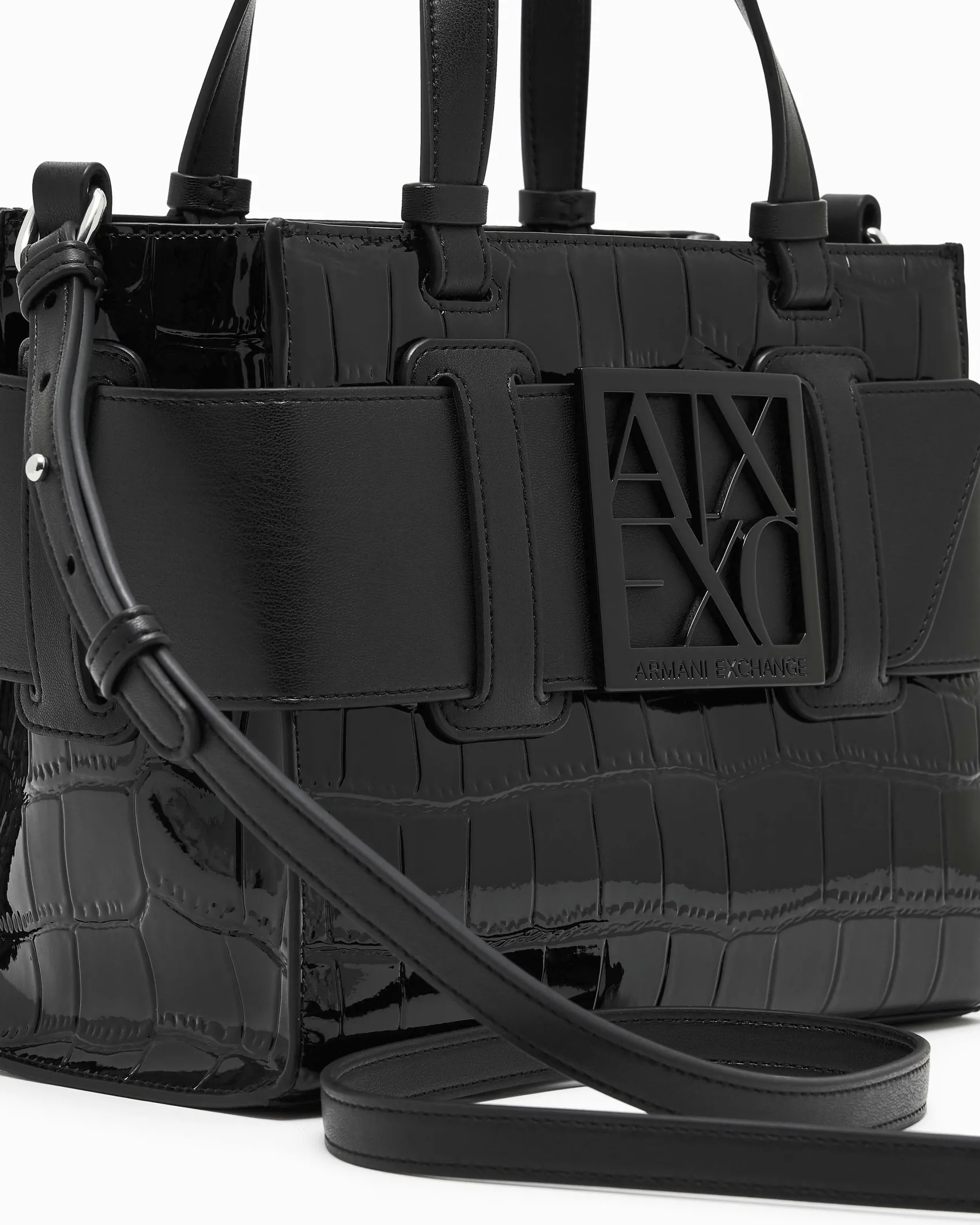 Borsa a mano Armani Exchange nera effetto coccodrillo in similpelle in rilievo