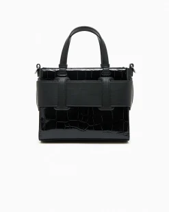 Borsa a mano Armani Exchange nera effetto coccodrillo in similpelle in rilievo
