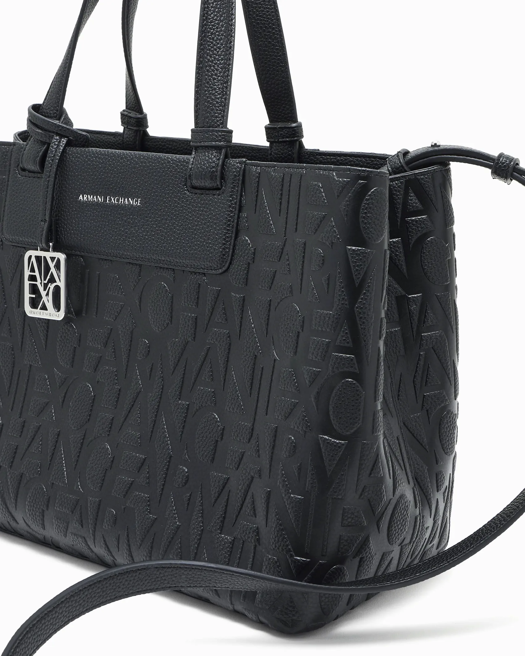 Borsa a mano Armani Exchange nera in similpelle con logo in rilievo