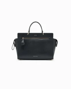 Borsa a mano Armani Exchange nera in similpelle liscia con tasca frontale e cerniera