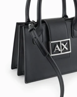 Borsa a mano Armani Exchange nera in similpelle con dettaglio logo in rilievo