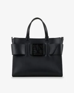 Borsa a mano in similpelle nera con maxi fibbia a specchio tono su tono con scritta logo