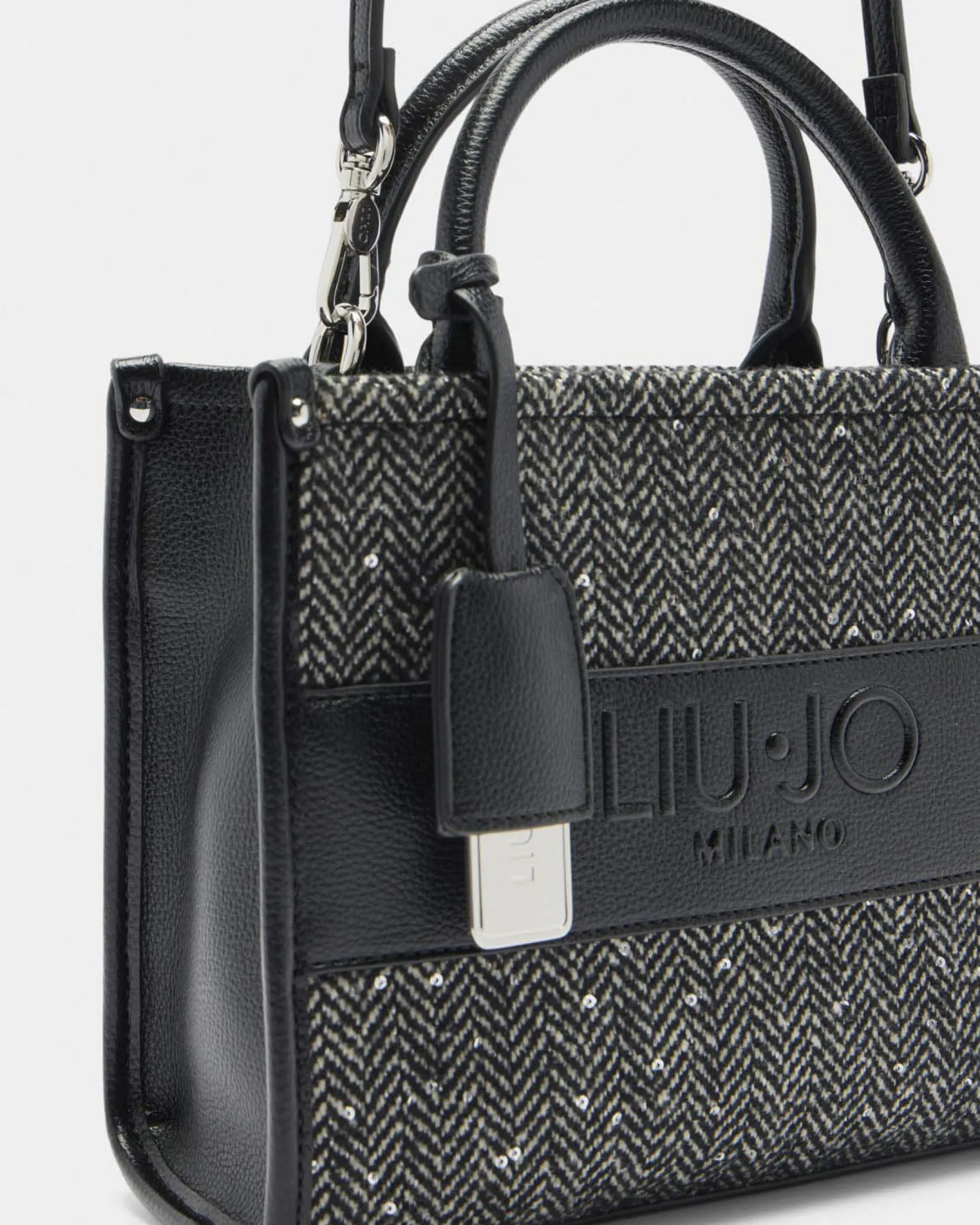 Borsa a mano Liu Jo Accessories nera in tessuto chevron con paillettes