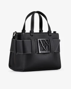Borsa a mano misura mini in similpelle nera con impunture bianche e maxi fibbia logo a specchio tono su tono