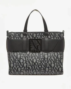 Borsa a mano nera misura grande in similpelle con scritta gesso logo all over con maxi fibbia logo a specchio tono su tono