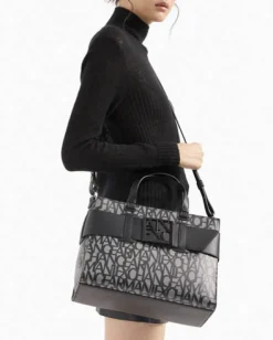 Borsa a mano nera misura grande in similpelle con scritta gesso logo all over con maxi fibbia logo a specchio tono su tono