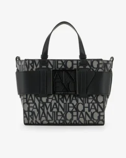 Borsa a mano nera misura piccola in similpelle con scritta gesso logo all over con maxi fibbia logo a specchio tono su tono