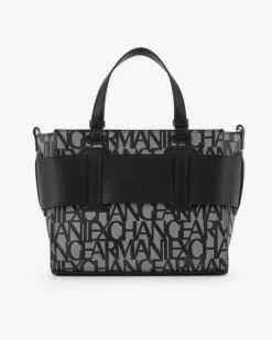 Borsa a mano nera misura piccola in similpelle con scritta gesso logo all over con maxi fibbia logo a specchio tono su tono