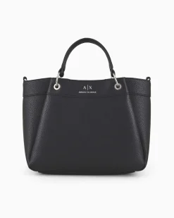 Borsa a mano nera sagomata in similpelle martellata con pinces e logo sul davanti tracolla spessa in gros grain rimovibile