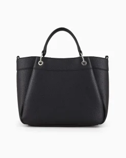 Borsa a mano nera sagomata in similpelle martellata con pinces e logo sul davanti tracolla spessa in gros grain rimovibile