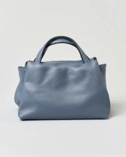 Borsa a mano piccola in pelle morbida effetto martellato color avio con tracolla più lunga rimovibile