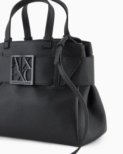 Borsa a mano piccola nera in similpelle martellata con maxi fibbia logo tono su tono