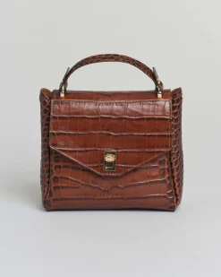 Borsa a mano Visonà misura media in pelle color ambra stampa cocco con patta di chiusura