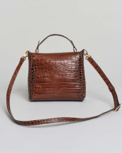 Borsa a mano Visonà misura media in pelle color ambra stampa cocco con patta di chiusura