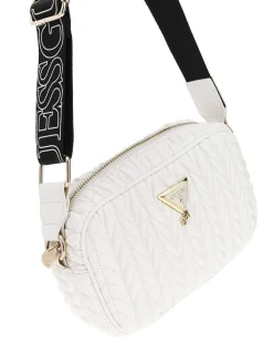Borsa a saponetta Guess bianca trapuntata con tracolla logata nera