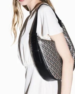 Borsa a spalla Armani Exchange nera con stampa logo all over e dettagli a contrasto