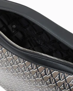 Borsa a spalla Armani Exchange nera con stampa logo all over e dettagli a contrasto