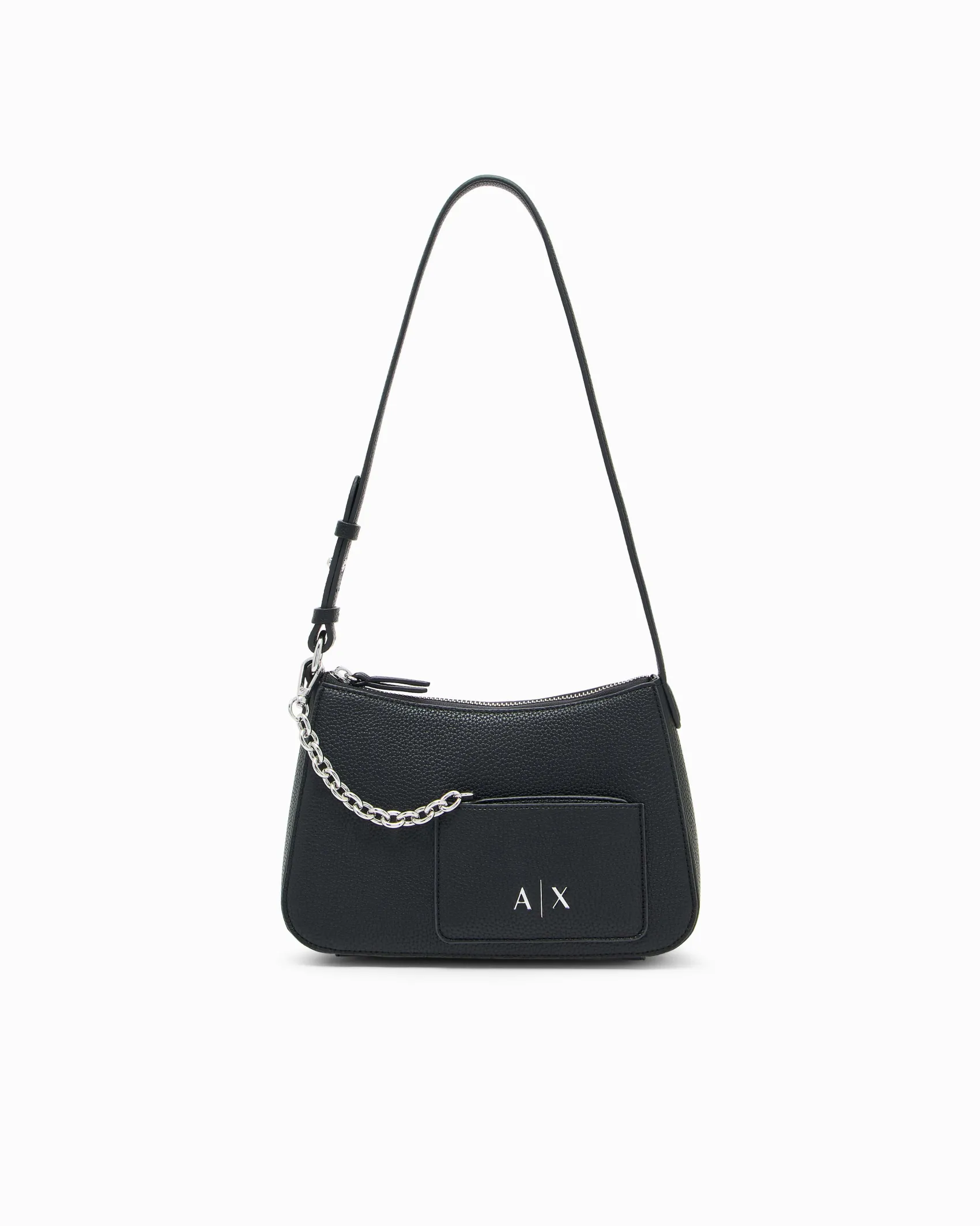 Borsa a spalla Armani Exchange nera misura piccola in similpelle con portacarte frontale con catena e scritta logo