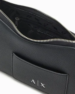 Borsa a spalla Armani Exchange nera misura piccola in similpelle con portacarte frontale con catena e scritta logo
