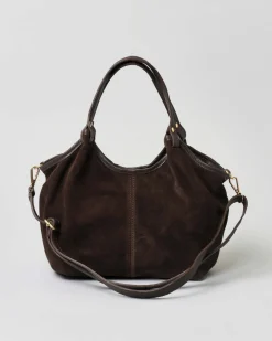 Borsa a spalla marrone in suede con cucitura frontale a vista