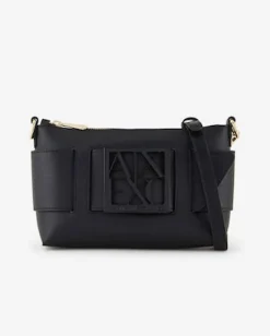 Borsa a spalla nera in similpelle con maxi fibbia logo in metallo in tono