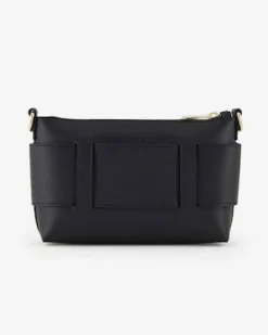 Borsa a spalla nera in similpelle con maxi fibbia logo in metallo in tono
