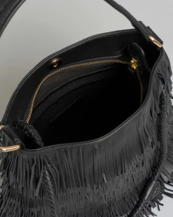 Borsa a spalla nera Visonà in pelle a frange applicate all over con doppio manico intrecciati