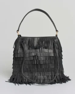 Borsa a spalla nera Visonà in pelle a frange applicate all over con doppio manico intrecciati