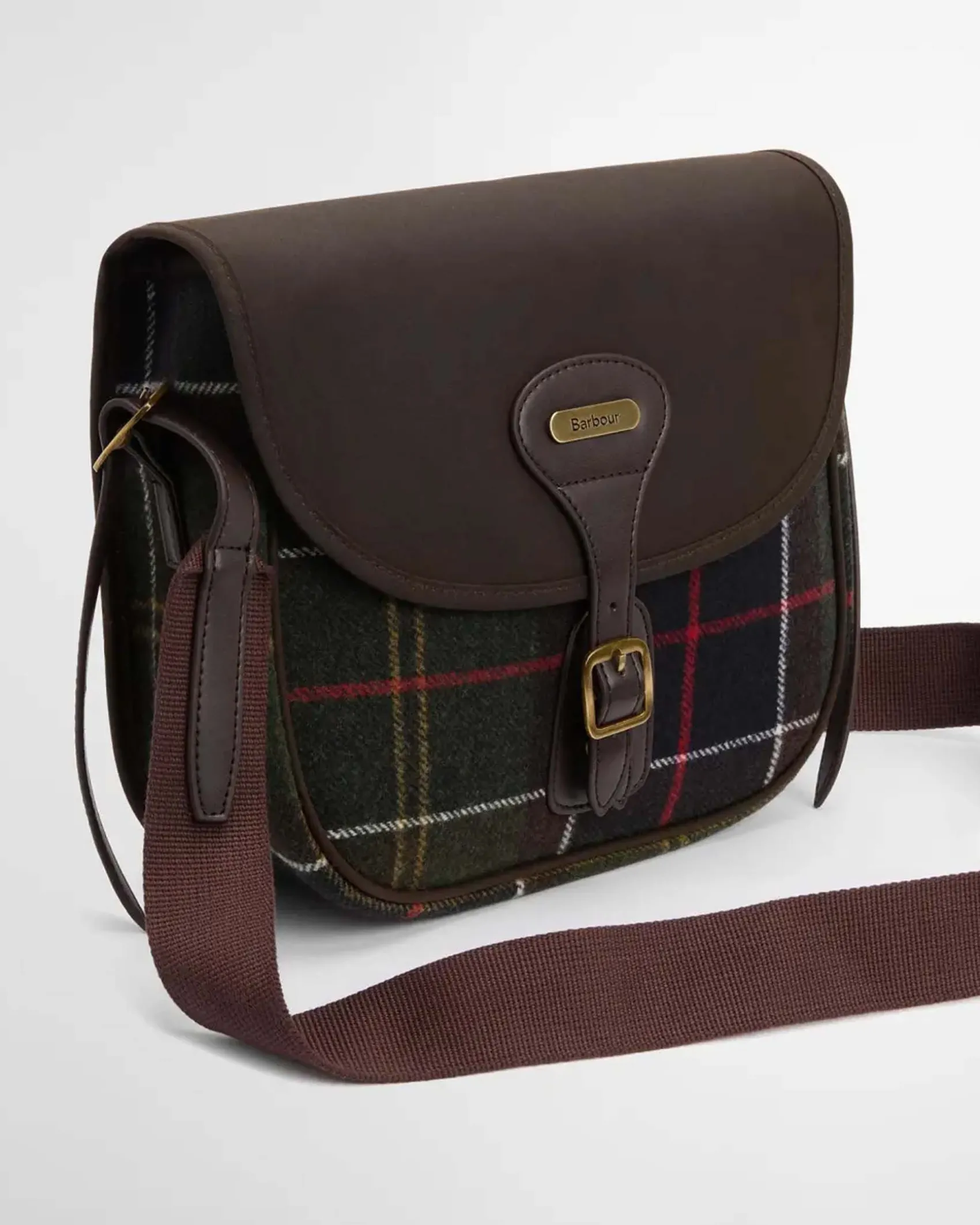 Borsa a tracolla Barbour Cromarty in tartan verde e blu in misto lana con patella di chiusura in similpelle marrone