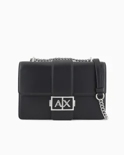 Borsa a tracolla nera in similpelle liscia con patta e fibbia logo in metallo argento
