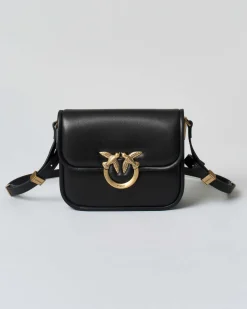 Borsa a tracolla nera Pinko in pelle liscia imbottita con tracolla spessa e fibbia Love Birds dorata